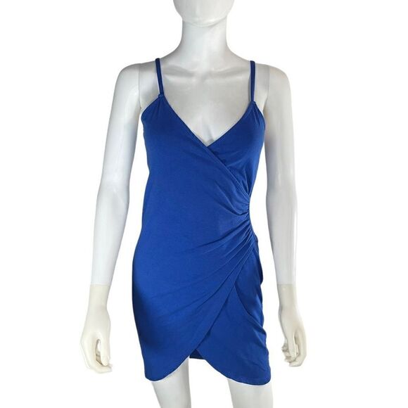 Charlotte Russe Women’s Small Mini Wrap Blue Dress Sleeveless Deep Plunge Chest - Picture 1 of 7
